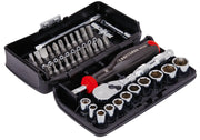 Photo of Craftsman CMMT45750V socket and screwdriver bit set with ratchet, various bits, and sockets in black case, angled view.