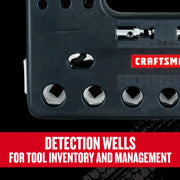 Close-up of Craftsman tool case CMMT45752V showing detection wells for tool inventory and management, branded logo visible.