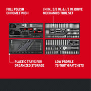 Photo of Craftsman CMMT45939 mechanics tool set with full polish chrome finish, 72-tooth ratchets, organized in plastic trays.