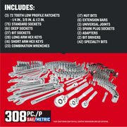 Photo of Craftsman 308-piece SAE/Metric mechanics tool set, SKU CMMT45939, including ratchets, sockets, wrenches, and bits on white background.