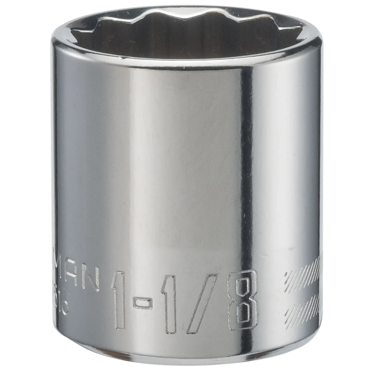 Photo of Craftsman CMMT47516 chrome socket, 1-1/8 inch, front angle, tool accessory on white background.