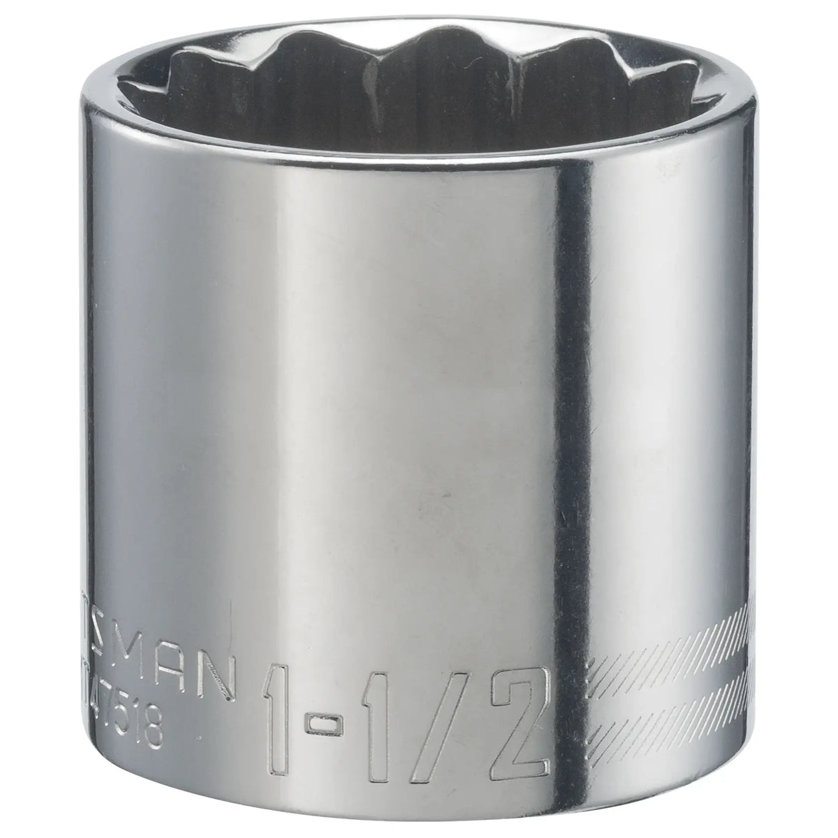 Photo of CRAFTSMAN 1-1/2 inch chrome socket, model CMMT47518, front angle on white background.