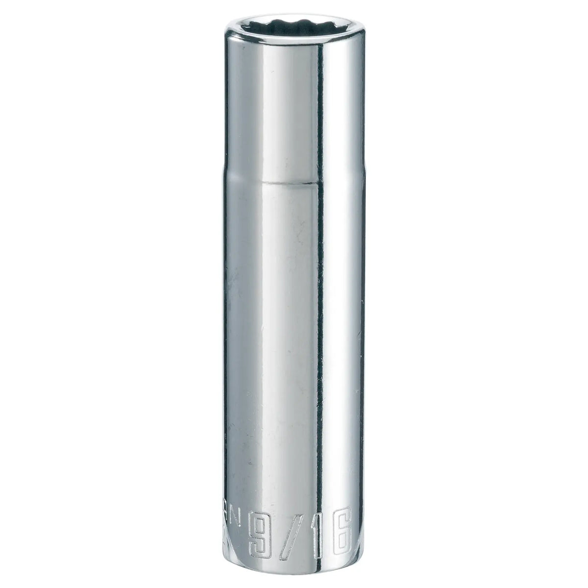 Photo of CRAFTSMAN deep socket 9/16 inch, polished chrome finish, SKU CMMT47522, front angle on white background.