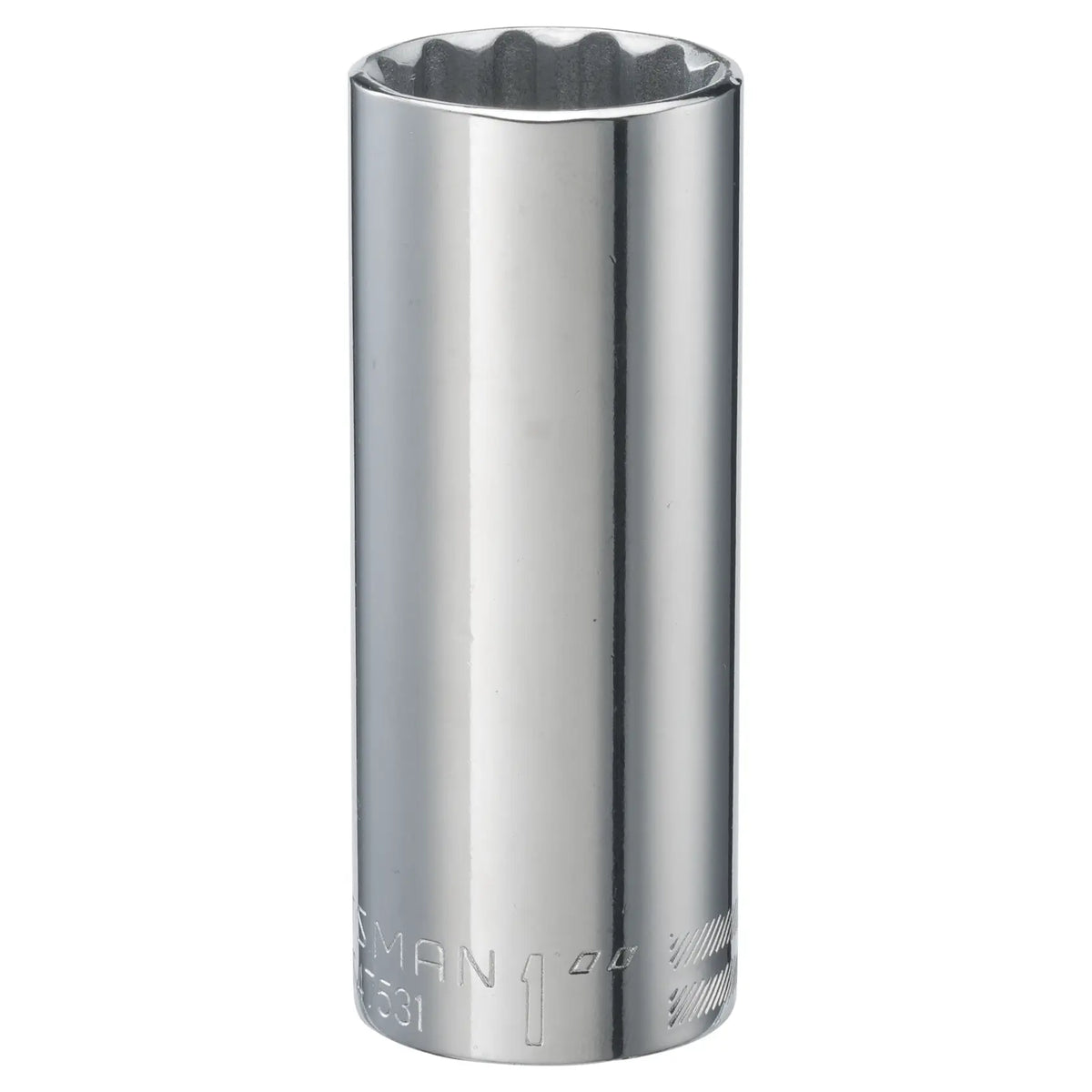 Photo of Craftsman CMMT47531 chrome deep socket, cylindrical shape, laser-etched markings, white background.