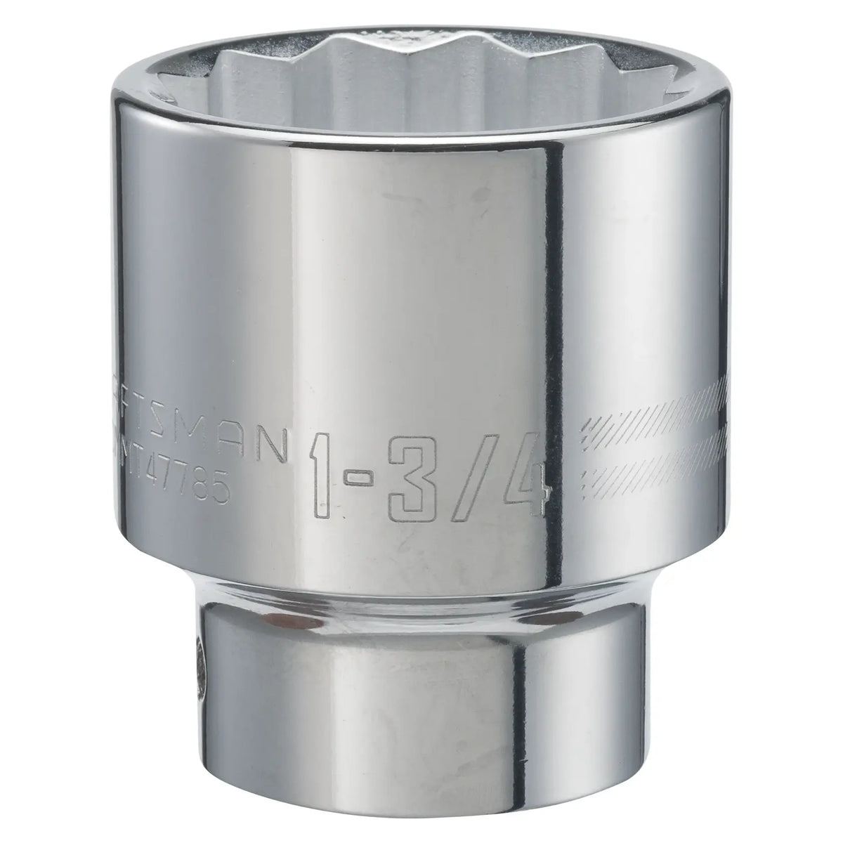 Photo of CRAFTSMAN chrome socket, 1-3/4 inch size, side angle, SKU CMMT47785, tool accessory.