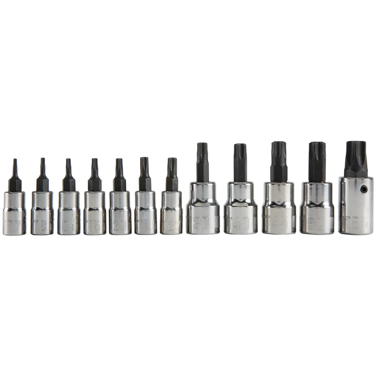 Photo of CRAFTSMAN Torx bit socket set, chrome finish, model CMMT49293, straight angle, photography product.