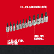 Craftsman socket bit set with CMMT49293, chrome finish, large size markings, 1/4 and 3/8 inch drive, front angle.