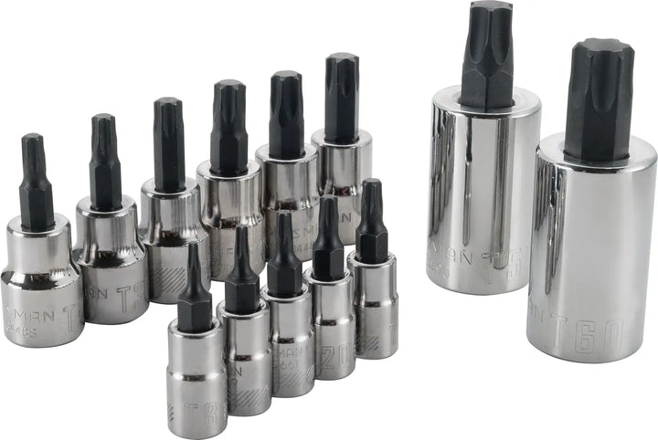 Craftsman chrome Torx bit socket set CMMT49294, 14 pieces, front angle on white background.