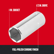 Craftsman 1 inch socket with 1/2 inch drive, full-polish chrome finish, SKU CMMT50755, angled view.