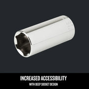 Craftsman deep socket, chrome finish, angled view, SKU CMMT50756, graphics category.