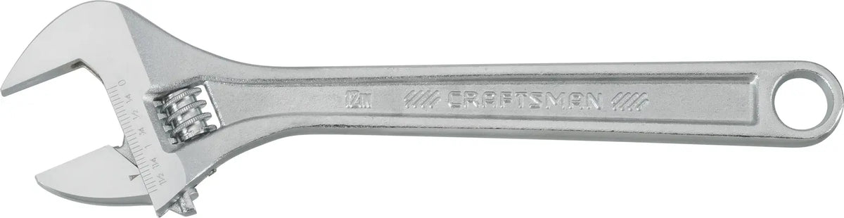 Photo of Craftsman adjustable wrench CMMT81624, silver metal, side view on white background.