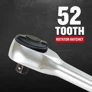 Craftsman rotator ratchet with 52-tooth head, silver finish, closeup view, CMMT86000.