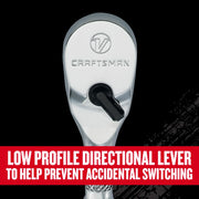 Photo of Craftsman ratchet head with low profile directional lever, CMMT86301V, close-up, graphics category.