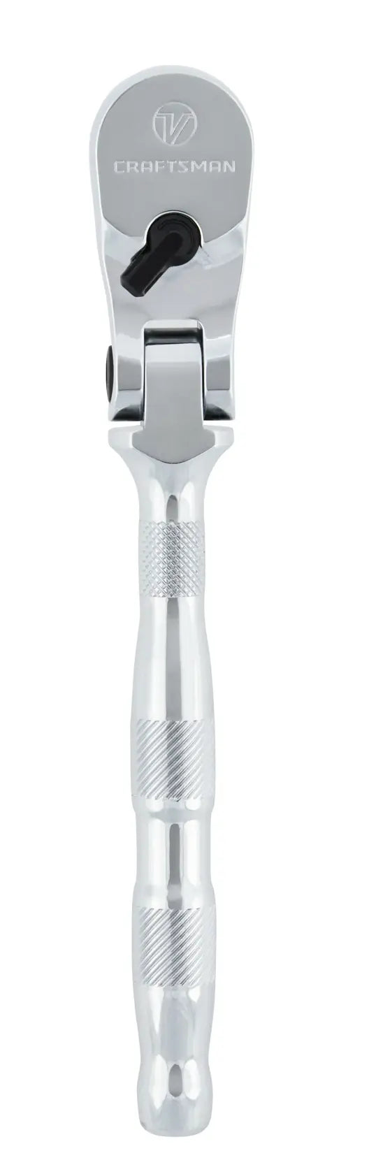 Photo of a CRAFTSMAN CMMT86322V flex head ratchet with a polished chrome finish, photographed from above on white background.