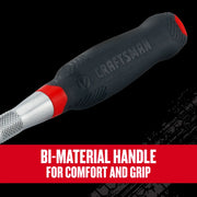 Craftsman bi-material handle rasp tool, black and red grip, side angle, CMMT86324V graphics product.