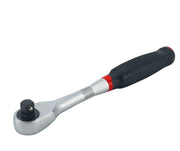 Photo of Craftsman ratchet with black grip handle, SKU CMMT86334V, hand tool, angled on white background.