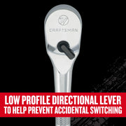 Photo of Craftsman ratchet tool with low profile directional lever, SKU CMMT86503V, front view.