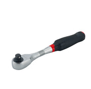 Photo of CRAFTSMAN ratchet tool with black grip, silver head, red accents, SKU CMMT86504V, side angle.
