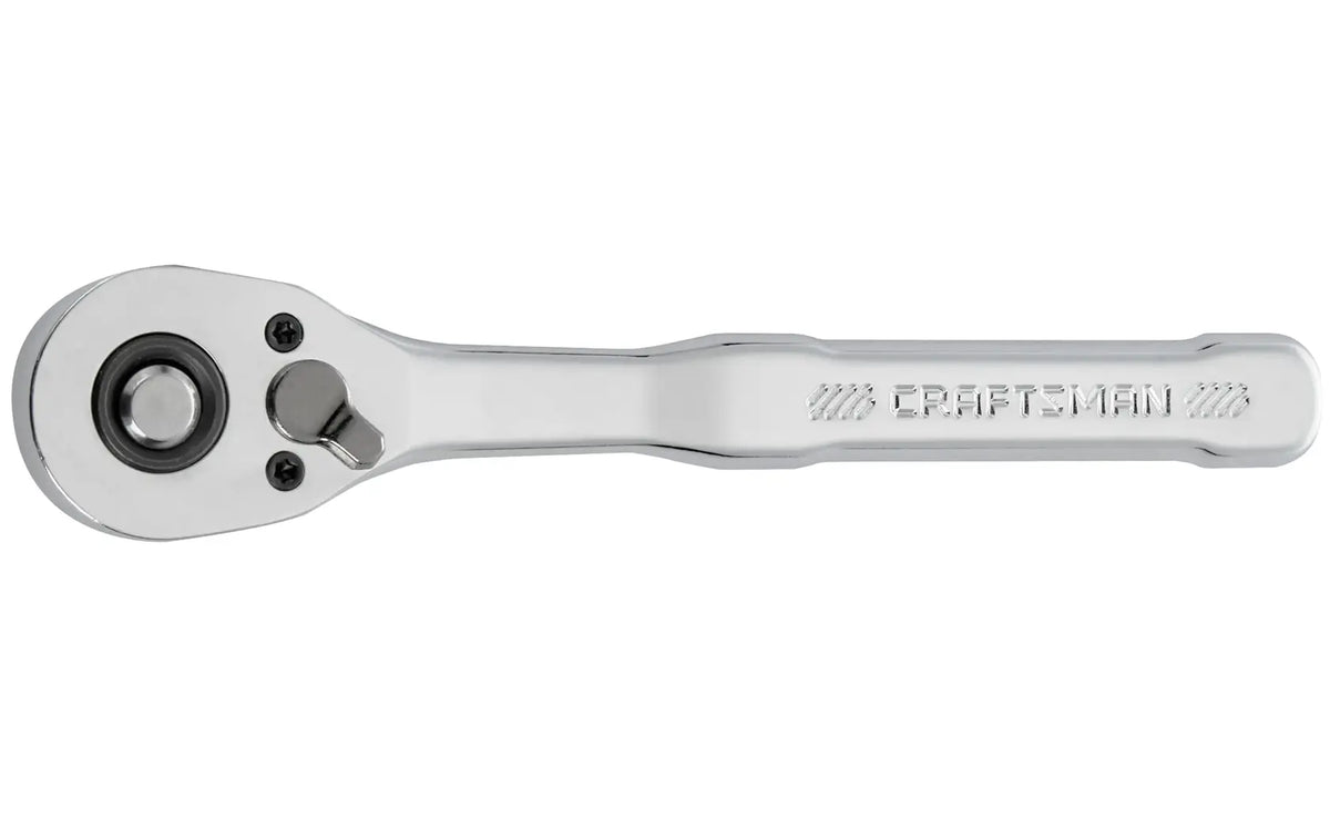 A silver ratchet wrench with a flat handle, featuring a switch lever and a round socket head. The word 'CRAFTSMAN' is engraved on the handle.