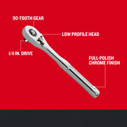 Photo of CRAFTSMAN CMMT86721 1/4 in. drive ratchet with 72-tooth gear, low profile head, full-polish chrome finish on white.