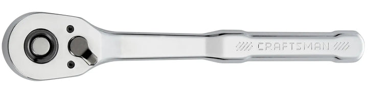 Photo of Craftsman chrome ratchet wrench, model CMMT86723, flat lay on white background.