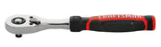 A handheld ratchet wrench with a black and red handle and a chrome finish, photographed on a white background.