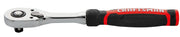 A Craftsman brand ratchet wrench with a black and red handle and a polished metal body, shown on a white background.