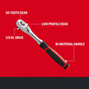 Photo of Craftsman 3/8 in. drive ratchet CMMT86822 with 72-tooth gear, low profile head, and bi-material handle, side angle.