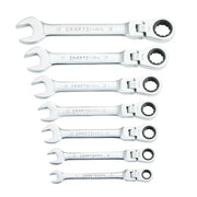 A set of eight Craftsman combination wrenches with ratcheting box ends. The wrenches are arranged in descending size order and have both open and ratcheting closed heads. Each wrench is labeled with its size and the brand name 'CRAFTSMAN'.