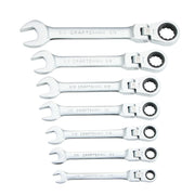 Photo of CRAFTSMAN CMMT87010 ratcheting combination wrench set, seven pieces, polished chrome finish, front angle, white background.