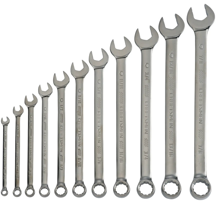 Craftsman CMMT87014 combination wrench set, 11-piece, chrome finish, shown from the front on white background.
