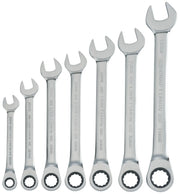 Photo of Craftsman CMMT87019 ratcheting wrench set, seven silver wrenches arranged left to right, front angle.