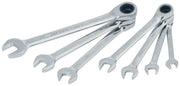 Photo of Craftsman ratcheting combination wrench set, chrome finish, 8-piece, SKU CMMT87019, angled on white background.