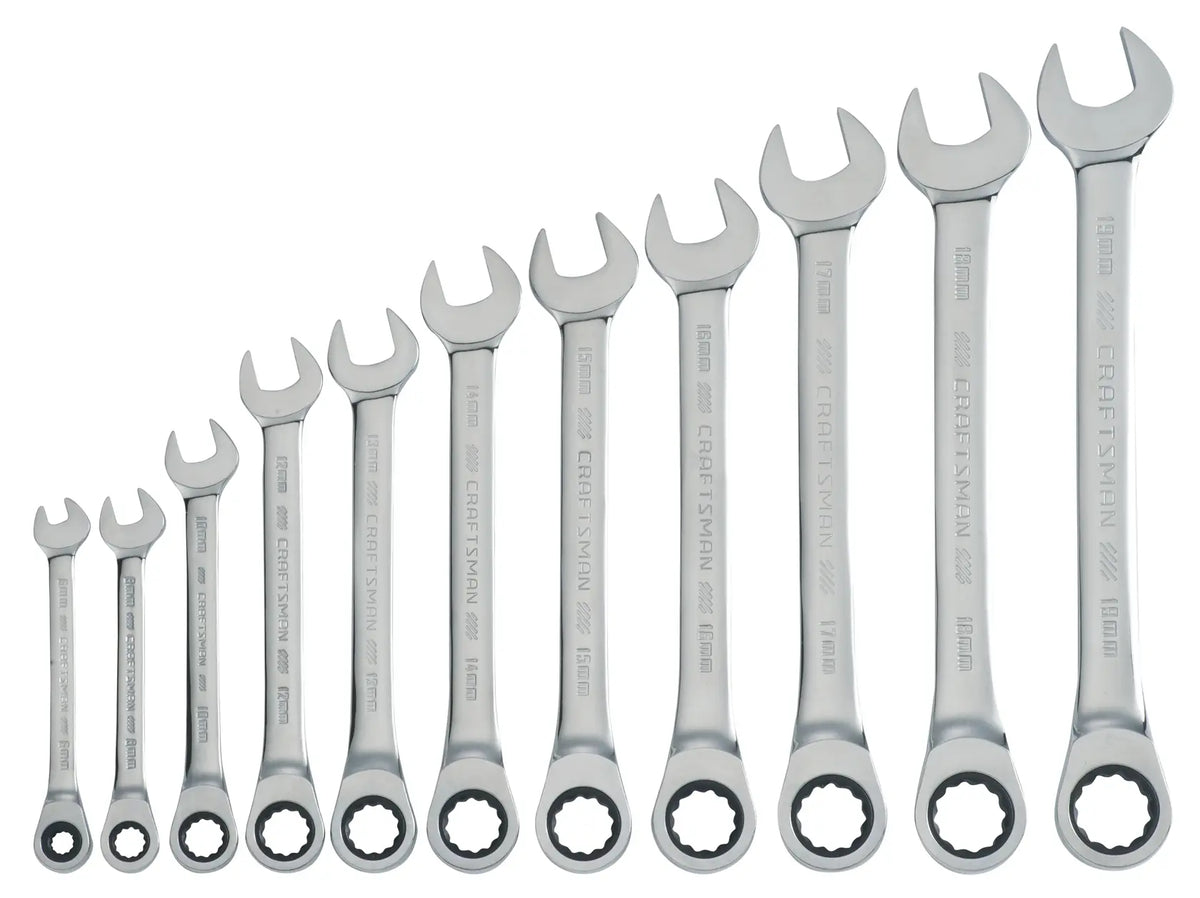 Photo of Craftsman wrench set, SKU CMMT87021, eleven chrome wrenches lined up, front angle on white background.