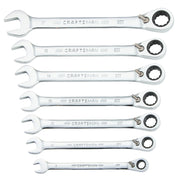 A set of seven CRAFTSMAN ratcheting combination wrenches, silver in color, arranged in a row. Each wrench has an open end and a ratcheting closed end, with sizes ranging from 17 to 10, stamped on the handles.