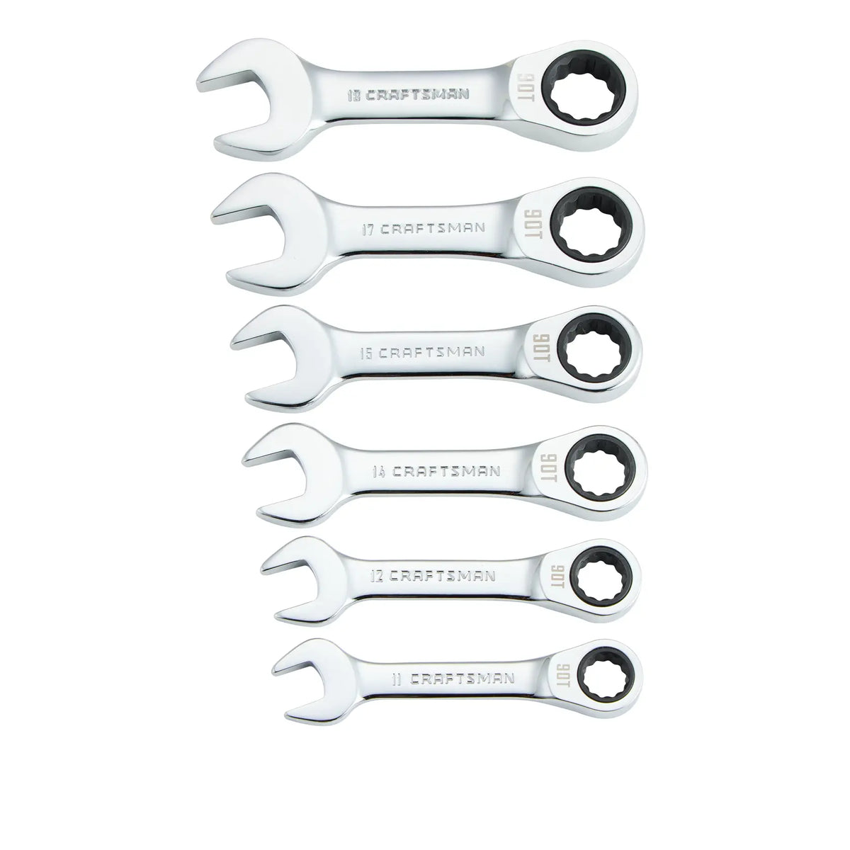Six silver Craftsman combination wrenches of different sizes, arranged in a vertical row. Each wrench has an open-end on one side and a ratcheting box-end on the other side. Sizes are labeled as 11, 12, 14, 15, 17, and 18.