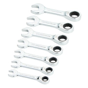 Photo of Craftsman SKU CMMT87026 ratcheting wrench set, chrome finish, six-piece, angled on white background.
