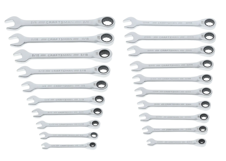 A set of twenty ratcheting combination wrenches laid out on a white background. The wrenches are divided into two groups, with sizes marked in both inches and millimeters. Each wrench has a standard open end on one side and a ratcheting closed end on the other. The brand name 'Craftsman' is visible on each tool.