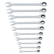 A set of ten Craftsman combination wrenches with open-ended and ratcheting box ends, arranged in descending order by size. Each wrench is silver with size markings engraved on the handle.