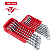 Craftsman V-Series wrench set CMMT87325V with 12 chrome wrenches in a red plastic case, angled view on white background.
