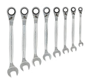 Photo of Craftsman 8-piece ratcheting wrench set CMMT87350V, silver finish, set displayed on white background.