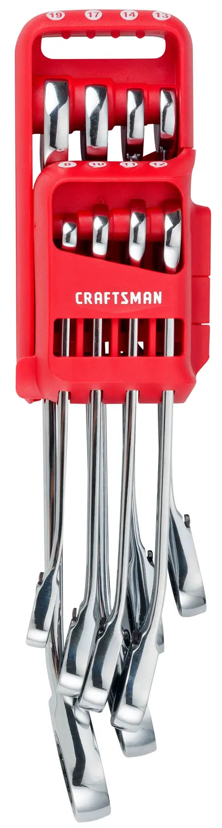 Craftsman wrench set CMMT87375V in red holder, front angle, chrome finish, six pieces visible.