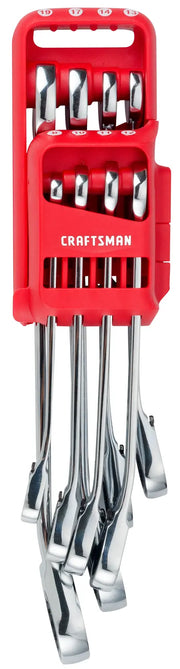 Craftsman wrench set CMMT87375V in red holder, front angle, chrome finish, six pieces visible.