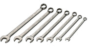 A set of seven combination wrenches with open and closed ends, arranged in size order from largest to smallest. The wrenches are metallic and have the brand name 'Craftsman' engraved on the handles along with the metric sizes.