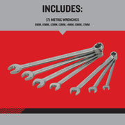 Photo of Craftsman metric wrench set, CMMT87807, showing seven sizes on a red background.