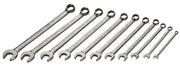 A set of twelve metal combination wrenches of various sizes arranged in a row, each with an open end and a box end, used for tightening or loosening nuts and bolts.