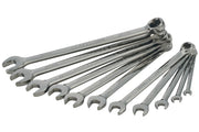 A set of metal combination wrenches arranged in a fan shape. Each wrench has an open end and a closed ring end, designed for tightening or loosening nuts and bolts of various sizes.