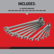 Craftsman CMMT87811 metric wrench set, eleven silver wrenches fanned on white background, product graphics.