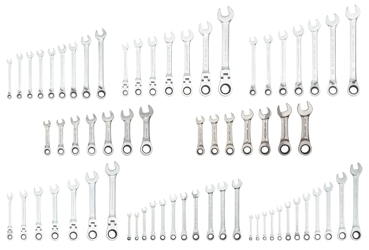 Photo of CRAFTSMAN SKU CMMT87901 ratcheting wrench set, assorted sizes, silver finish, top-down angle, white background.