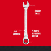 Photo of Craftsman wrench CMMT87901, chrome finish, large markings, 72-tooth ratcheting box end, straight angle, white background.